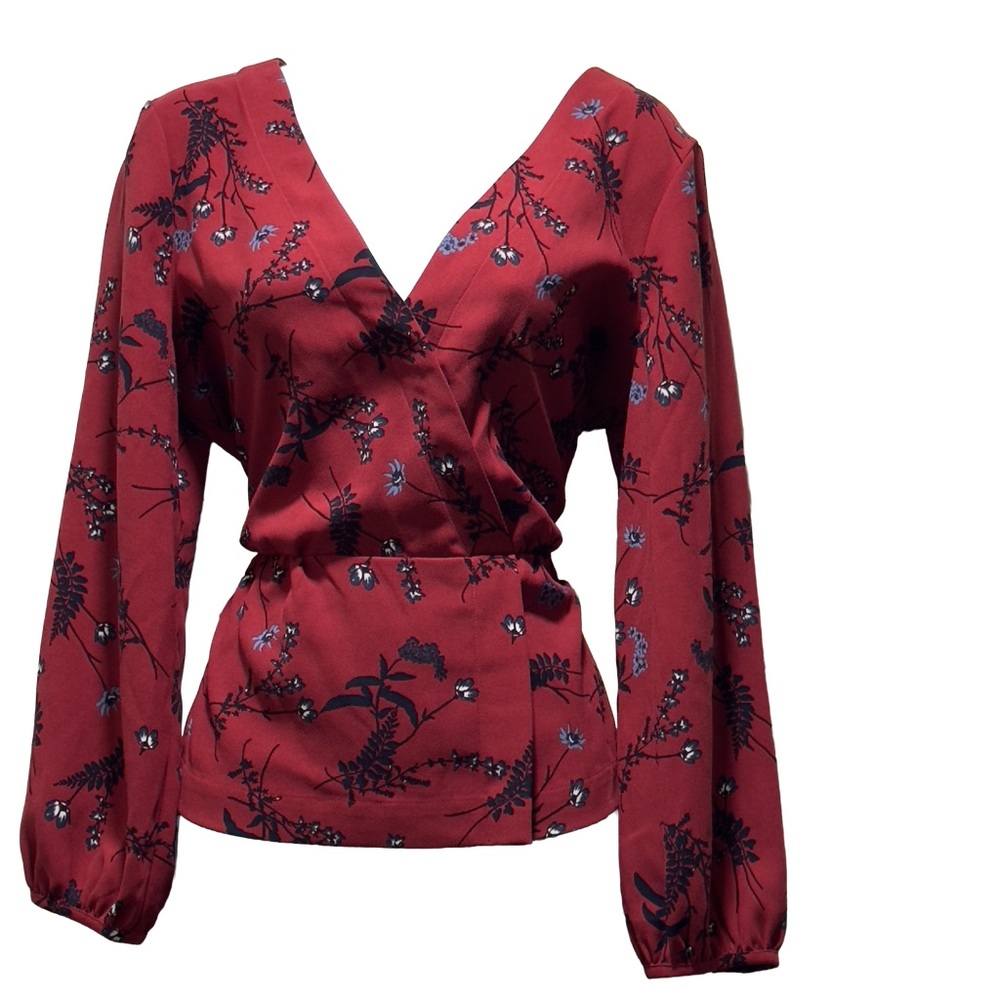 J. Crew Red Floral V-Neck Long Sleeve Blouse Size Medium